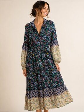 Anthropologie Navy Multi Floral Long-Sleeve Maxi Dress NWOT